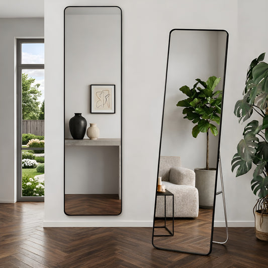 სრული ზომის დასადგამი და დასაკიდი სარკე შავი ალუმინის კანტით 147x37 სმ