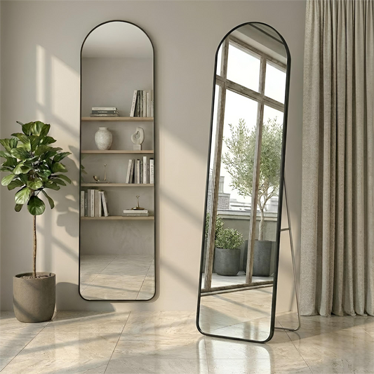 კედელზე დასაკიდი და იატაკზე დასადგამი სარკე შავი ალუმინის კანტით 147 სმ