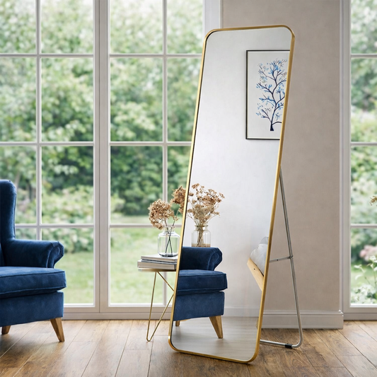 სრული ზომის კედელზე დასაკიდი და ძირს დასადგამი სარკე ოქროსფერო ალუმინის ჩარჩოთი 147 სმ