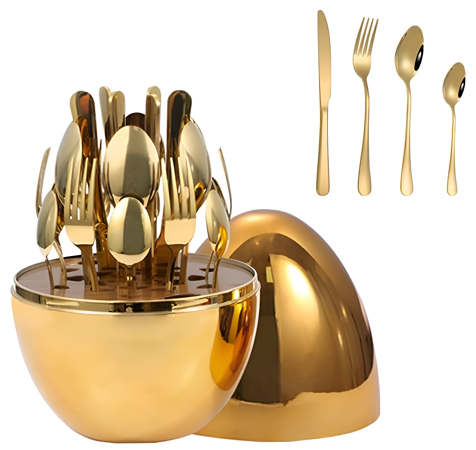 უჟანგავი მეტალის დანა ჩანგლის და კოვზის ნაკრები 24 ცალი კვერცხის ფორმის სათავსოთი