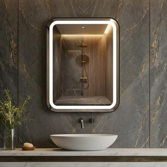 სააბაზანოს კედლის ოთხკუთხედი სარკე განათებით შავი ალუმინის ჩარჩოში 40x50 სმ