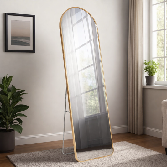 კედელზე დასაკიდი და დასადგამი ოქროსფერი ალუმინის სარკე 147x37 სმ ვერცხლისფერი სადგამი ფეხით