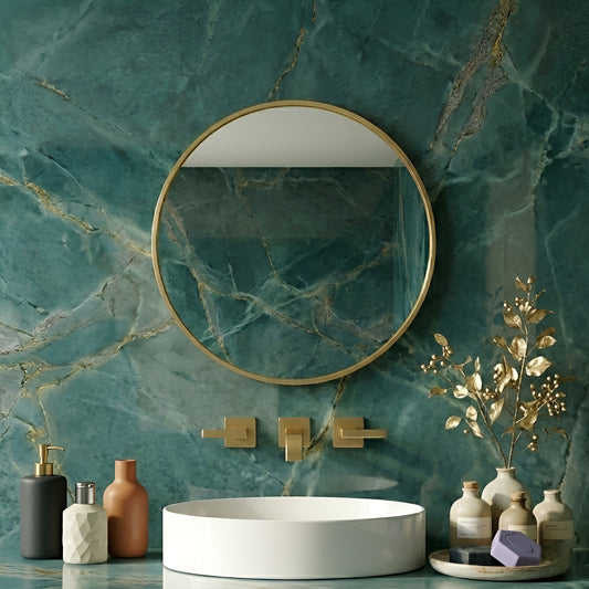 კედელზე დასაკიდი სარკე ოქროსფერი ალუმინის ჩარჩოში, დიამეტრი 50 სმ