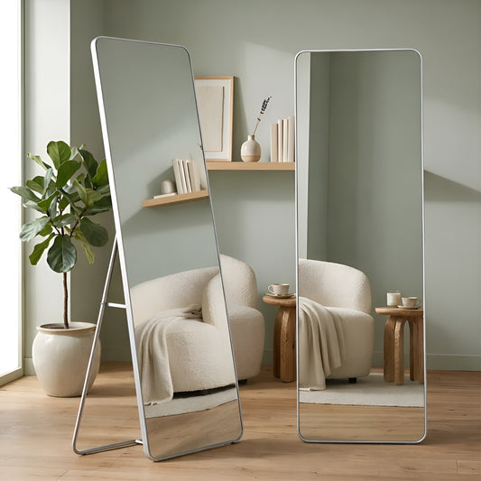 დასაკიდი და დასადგამი სარკე თეთრი ალუმინის ჩარჩოში, ვერცხლისფერი სადგამი ფეხით 150 სმ